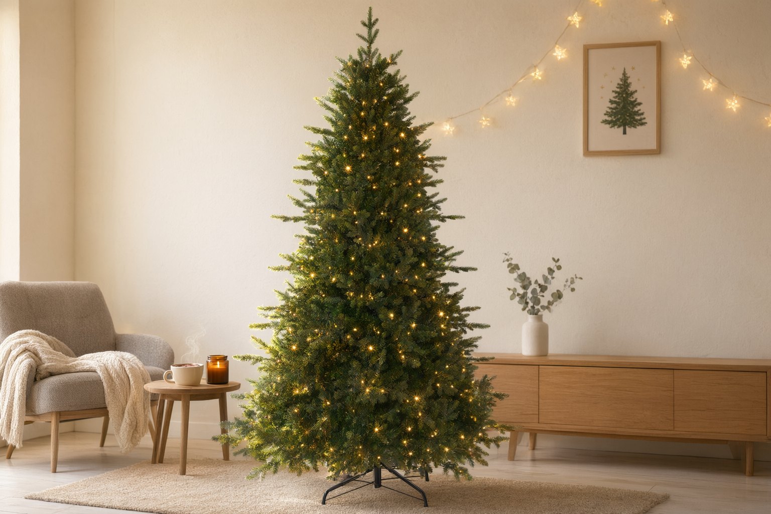 SHareconn pre-lit Christmas tree glowing warm white in a cozy living room