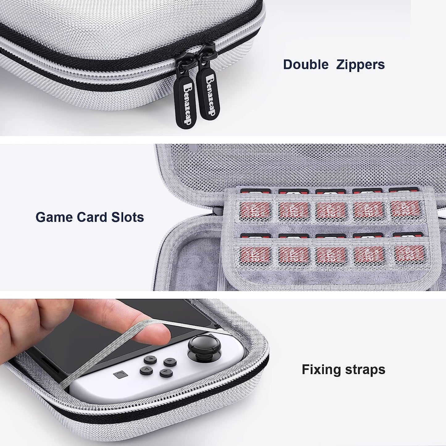 Benazcap Carrying Case for Nintendo Switch/Switch OLED Console, with 10 Games Storage Compartment - White