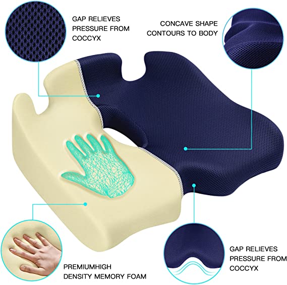 Blue Seat Cushion Foam Pillow, Relieve Back Pain & Improve Posture for