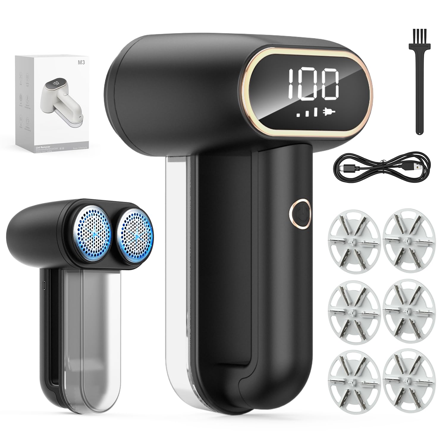 PKBD Large Size Electric Charging Fabric Shaver and Double-Blade Lint Remover with 6 Free Extra Blades, Large Capacity Scrap Storage, Quickly and Effectively Remove Fluff, Lint, and Bobbles