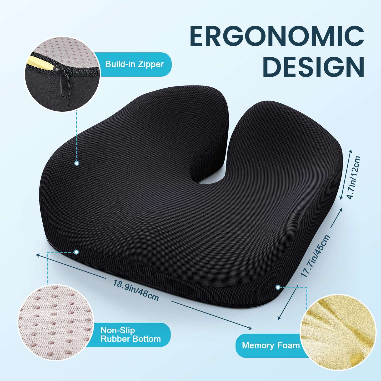 Benazcap Memory Foam Cushion for Office Chair - Ergonomic Chair Cushions for Tailbone Pain Relief, Sciatica & Back Support