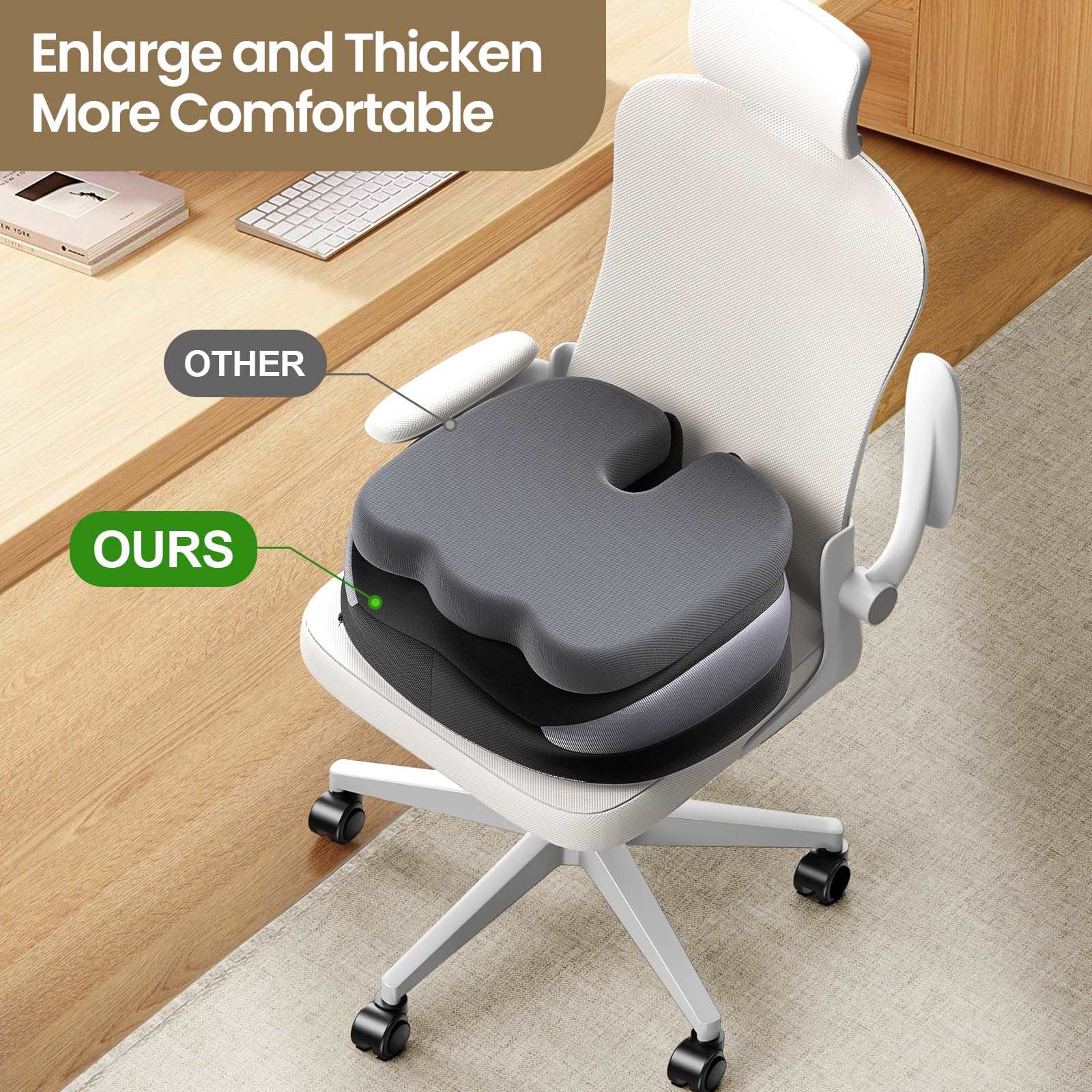 Benazcap Large Seat Cushion for Office Chair Memory Foam Coccyx Pain Relief Cushion Pillow