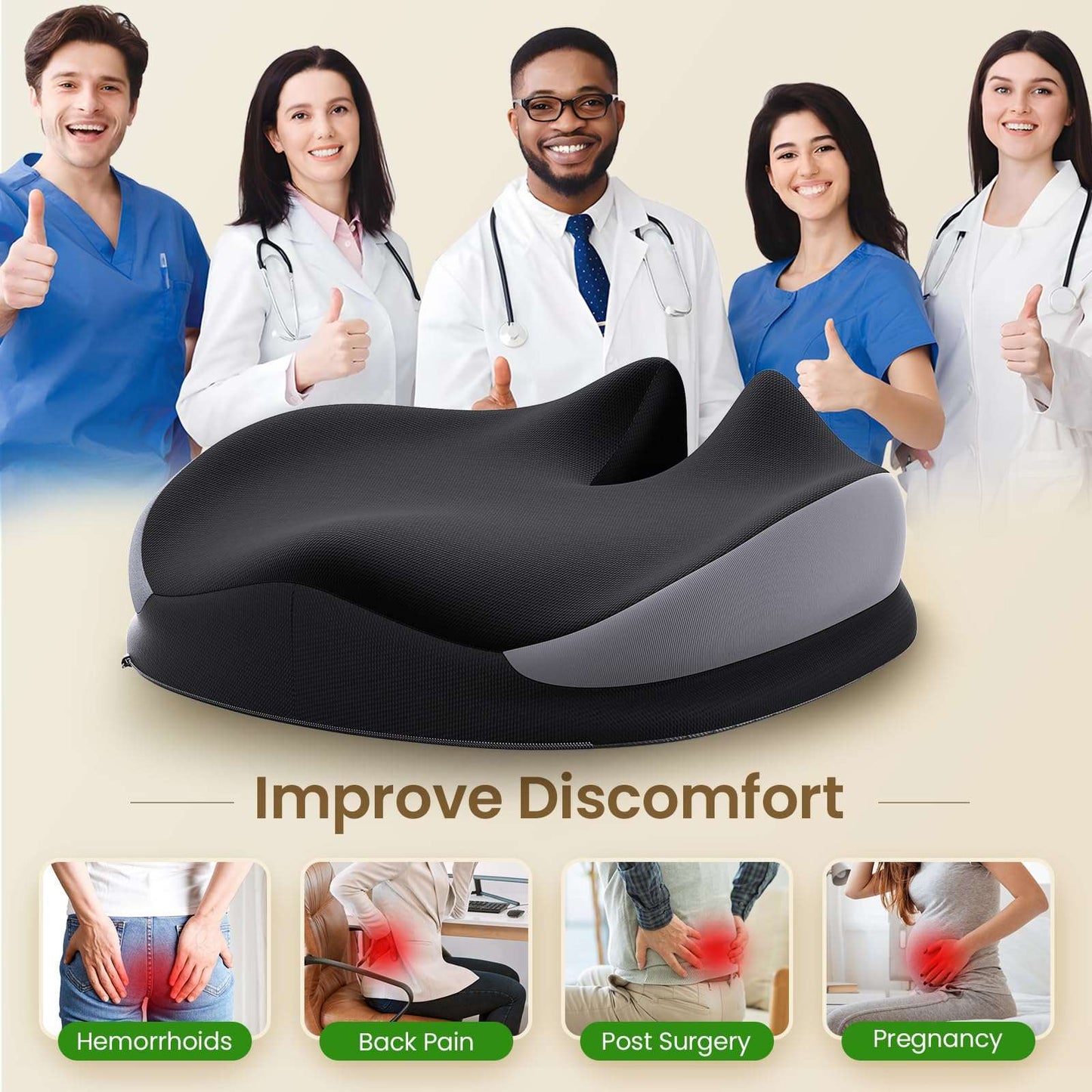 Benazcap Large Seat Cushion for Office Chair Memory Foam Coccyx Pain Relief Cushion Pillow