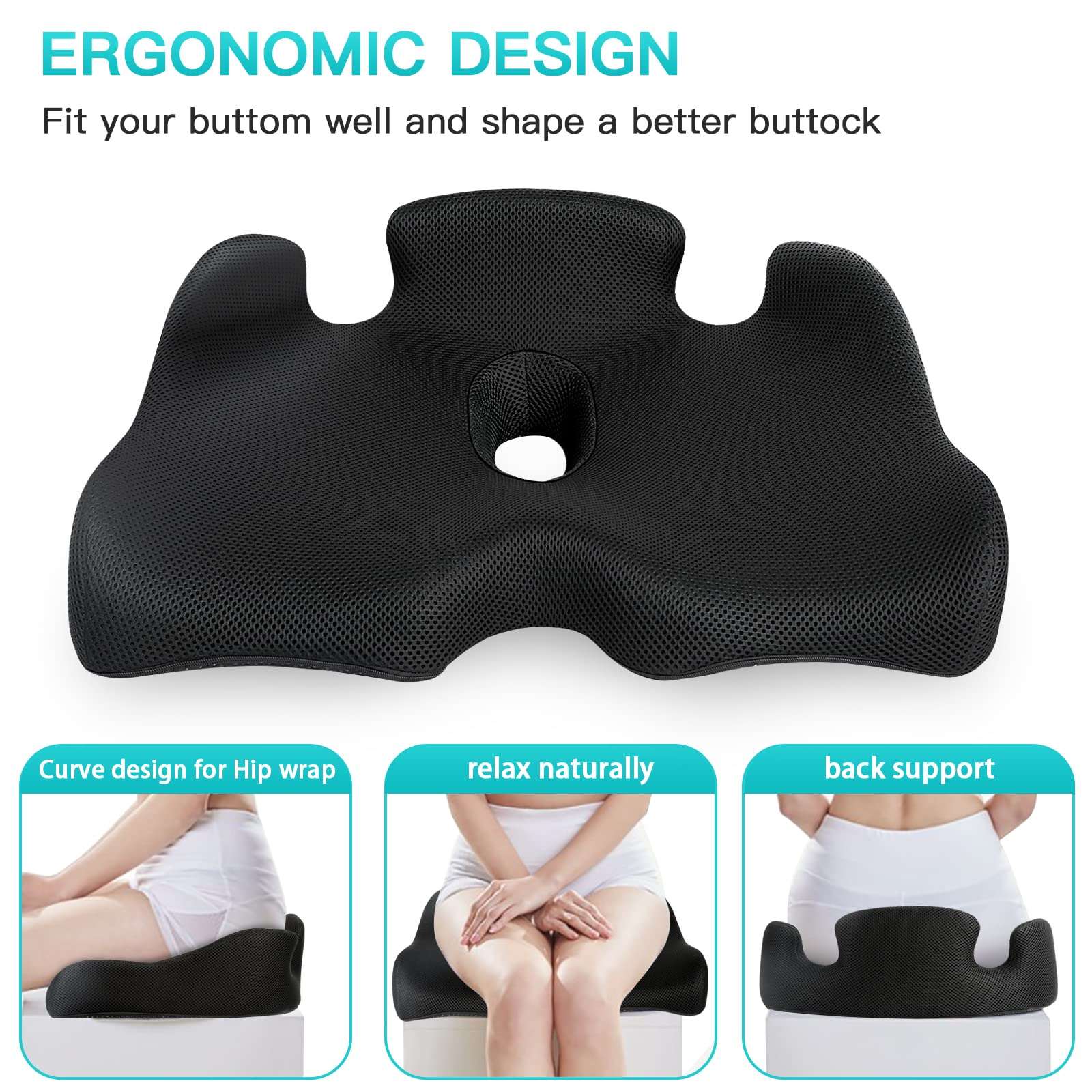 Benazcap X Large Memory Seat Cushion for Office Chair Pressure Relief-Black