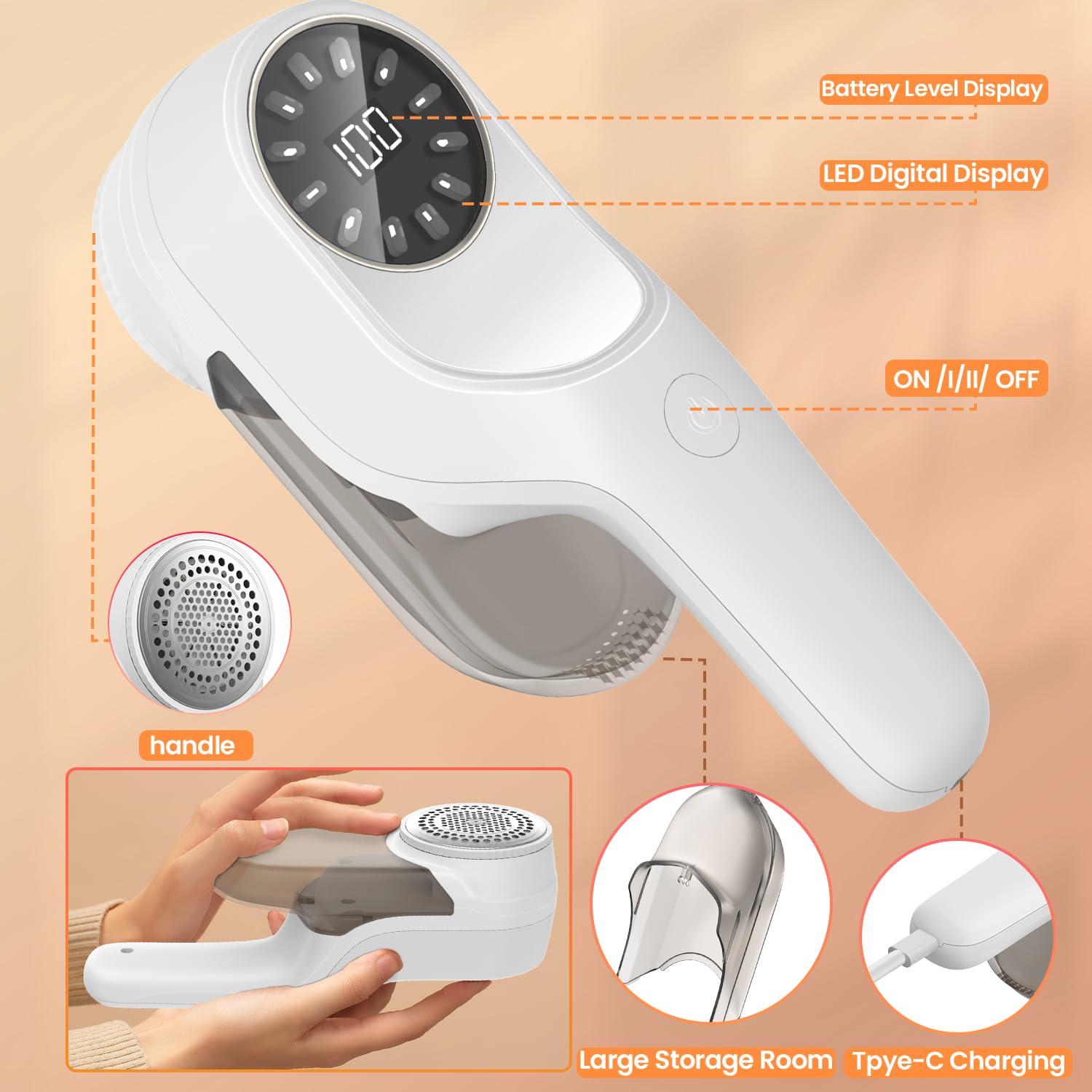 PKBD Large Rechargeable Lint Remover with 3 Extra Blades, LED Display & Large Storage - Easily Remove Fluff, Lint, and Bubbles from Fabrics(1pcs)