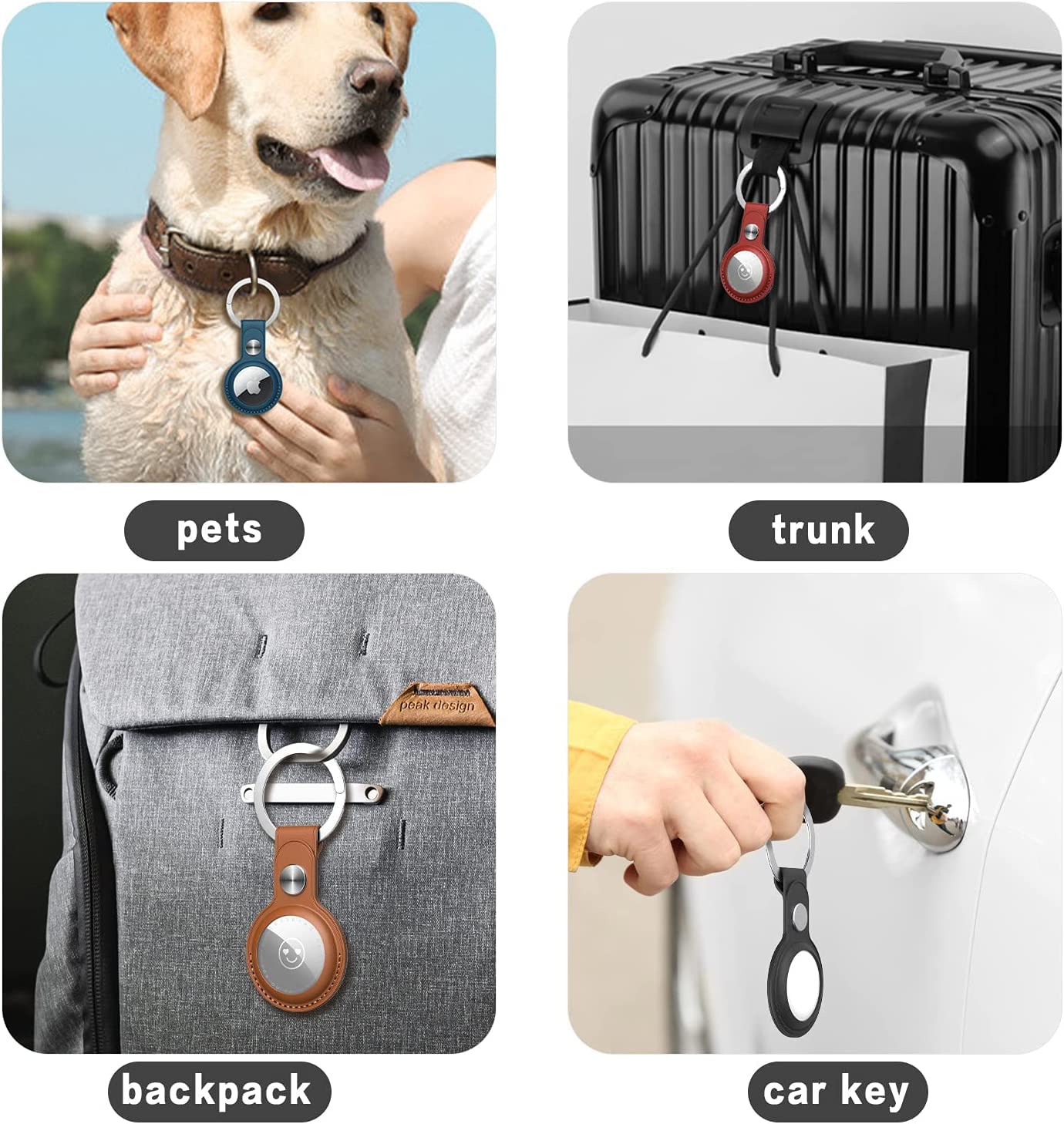 [4-Pack] Benazcap Case for AirTag, PU Leather AirTag Holder with Keychain Hanging on Dog Collar Backpacks Wallet, Safety Anti-Lost Airtag Case Cover with Key Ring, Multicolor
