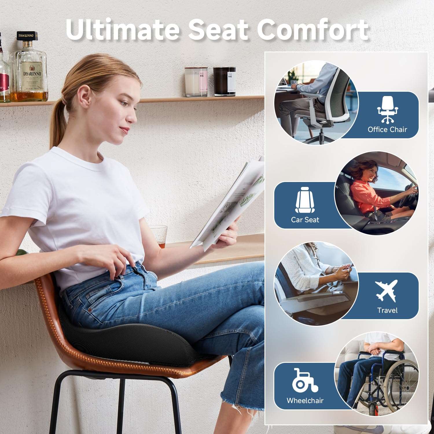 X Large Gel & Memory Foam Black Seat Cushion for Office Chair Ergonomic Cushions